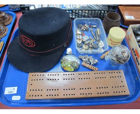 Robertson Jam Badges, ARP buttons, glass piggy bank, ladies G.P.O hat, copper crib board:- One Tray Notice from the the-saler