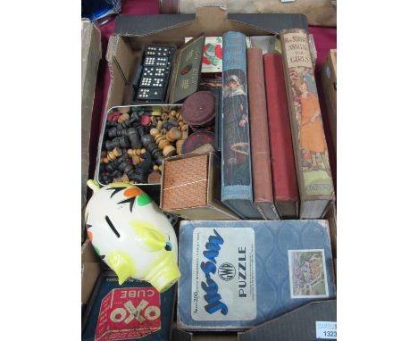 Vintage Toys, Games and Books, including Dominoes, Chess, tin, postbox banks, GWR jigsaw, piggy bank, Ernest Nister Mother Go