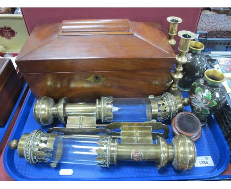 XIX Century Mahogany Tea Caddy, of sarcophagus form 'GWR' carriage lamps, Cloisonne vases, etc:- One Tray.
