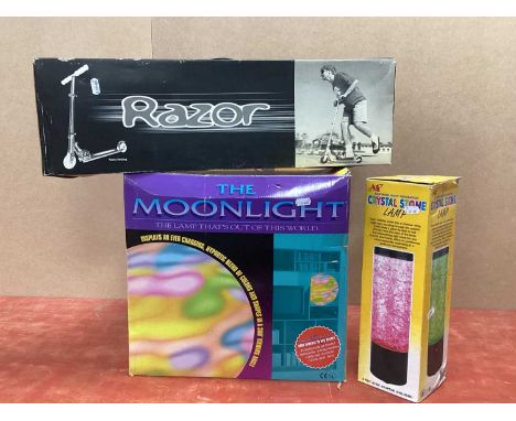 The Moonlight colour changing lamp, Crystal Stone lamp and a Razor Scooter, untested sold only for parts. (3)