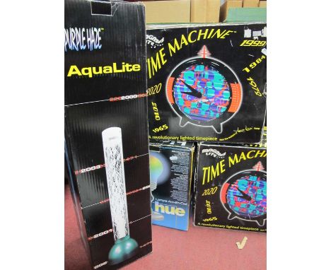 Magma Lite Time Machine light up clock x2, Purple Haze Aqua Lite lamp and a Big Hue Designer Lamp, all boxed, untested sold o