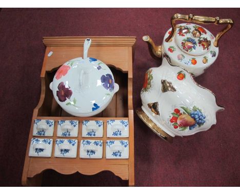 Pine wall rack with eight porcelain blue / white drawers together with a jardiniere and a Royal Winton tureen and ladle (thre