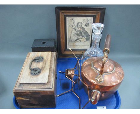 XIX Century Copper Kettle, Mahogany tea caddy, print, decanter, camera:- One Tray.