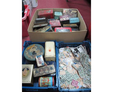 A Large Quantity of Vintage Collectable Tins; plus stamps and photo's:- Three Boxes