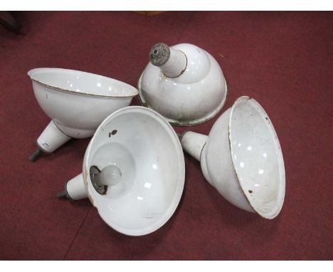 Industrial Lighting, two pairs of white enamelled angled ceiling lights, 38cm diameter (4).