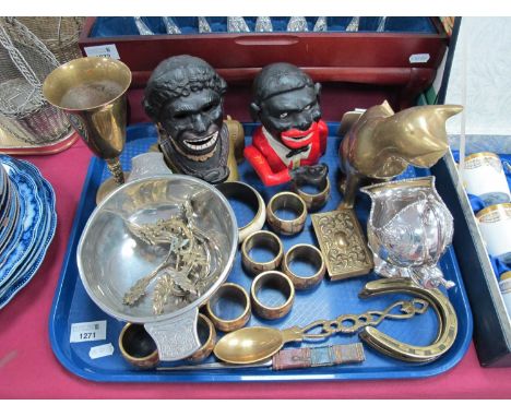 Two Novelty Money Boxes, brass cat, horse shoe, napkin rings, pewter quaiche, sugar helmet, etc:- One Tray.These items are li