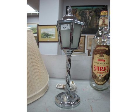 A Circa Mid XX Century Chrome Art Deco Lamp, modelled as a six pane period street lamp on a barleytwist column, 43cm high.