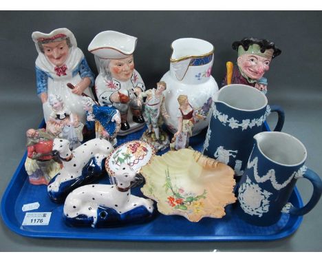 Royal Worcester Leaf Dish, Coalport jug, toby jugs, Continental, Doulton and other figurines, etc:- One Tray.