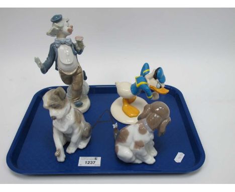 Lladro Curious Puppy Dogs, (one chipped), Doulton 'Donald Duck' MM3, 2nd qualtity. Nao clown (4).