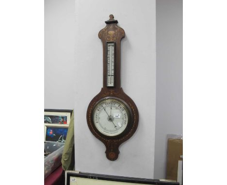 Edwardian Inlaid Mahogany Banjo Barometer, with thermometer to neck, 84cm high, untested - sold for parts only.