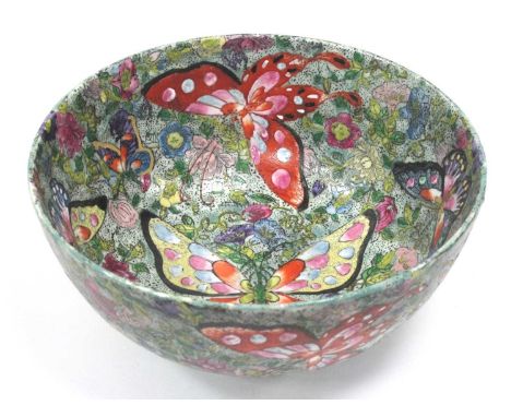 Chinese Famille Rose Pottery Bowl, featuring butterflies and foliage, 25.5cm diameter, six character mark in red under base.S
