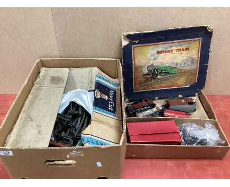 Hornby Tin Plate Train Set, including LMS 2270 clockwork engine, trucks, Shell tanker, signal, Hailey wooden platform, track,
