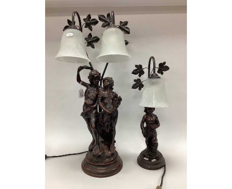 Bronze Effect Table Lamp, with twin bell shaped shades, supported by a courting couple, 77.5cm high, a smaller example (2).