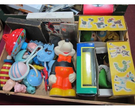 Combes Mickey Mouse, pelham standard puppets (x 2). German spinning top, Brio, Rosedale, Tudor Rose, other plastic toys, Spid