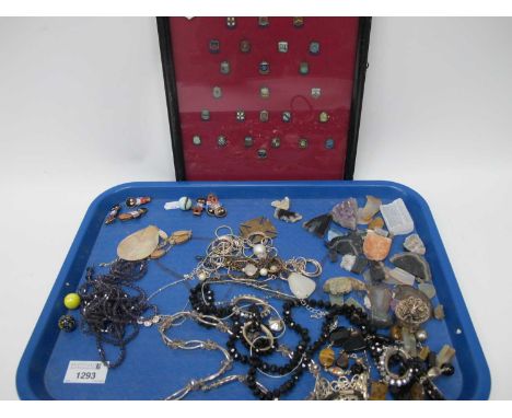Robertson's Badges, costume jewellery, medallion, minerals, etc:- One Tray. Framed town crests. Notice from the the-saleroom.