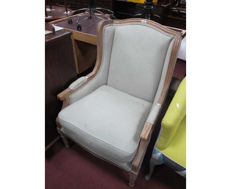 French Style Armchair, with reeded scroll arms on turned and reeded supports, upholstered in light green fabric.
