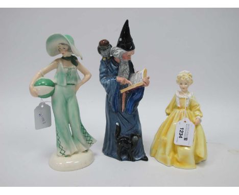 Royal Doulton Figure 'The Wizard', HN 2877, Royal Worcester figurine 'Grandmother's Dress' No 3081 and an Art Deco Staffordsh