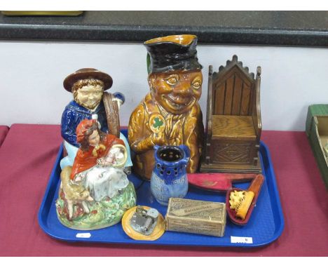 Isle of Man Teapot, (lid dam), Red Riding Hood and character jug, Barnstaple puzzle jug, marshmallows in vintage box, pipe, e