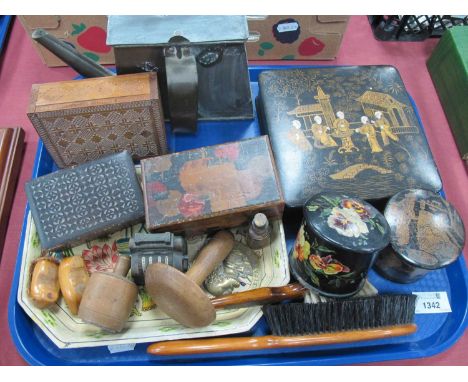 Treen Butter Mould. Papier Mache and wooden boxes, Arts &amp; Crafts copper pitcher, brushes, darning mushroom etc:- One Tray