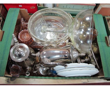 Plated Three Piece Tea Service, cabinet plates, large glass, 1920s glass dressing table set (d), etc:- One Box.