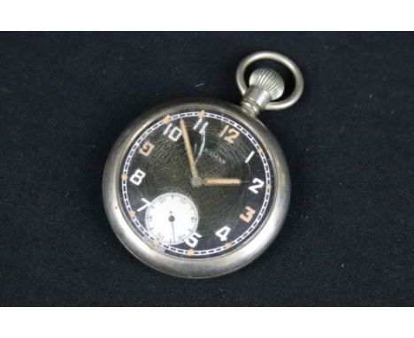 A British World War Two Military Issued Damas Pocket Watch, Black Dial With White Sub Second Hand To 6 o'clock, Marked G.S/T.
