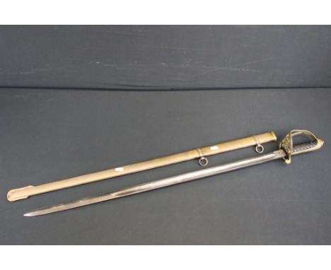 An 1845 pattern British Officers sword, Victorian cypher on Guard, leather grip and metal scabbard. 