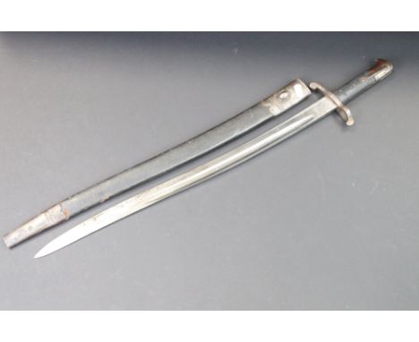 A 19th century German / Prussian sword bayonet complete with leather scabbard, no visible makers or proof marks. 