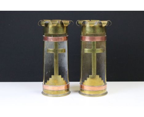 A pair of British World War One trench art ecclesiastical ornaments made from spent brass cases, both dated 1916 and broad ar