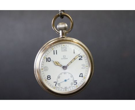 A British World War Two military issued Omega pocket watch, marked G.S.T.P. F018249 together with the broad arrow mark, white