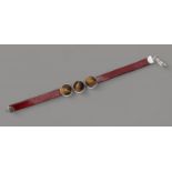Lederarmband mit 3 Tigeraugen, Silbermonturen, ca. L-18cm