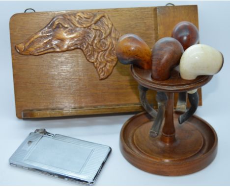 2 Pipe racks & cigarette case with lighter 