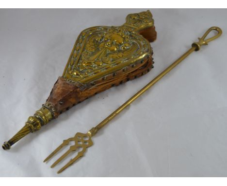 Pair of Brass faced bellows + toasting fork 