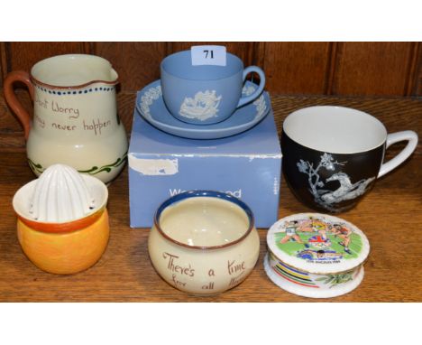 Watcombe Torquay pottery sugar bowl + milk jug, W.H. Goss orange juicer, Crown Devon Pegasus cup + Paragon 1984 Los Angeles O