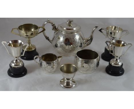 Plated tea service, 4 trophy cups & egg cup 