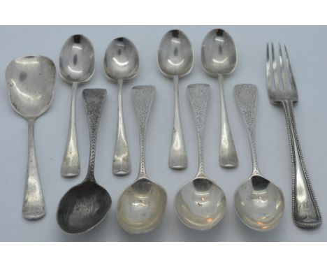 8 Various silver teaspoons, a jam spoon + cake fork 