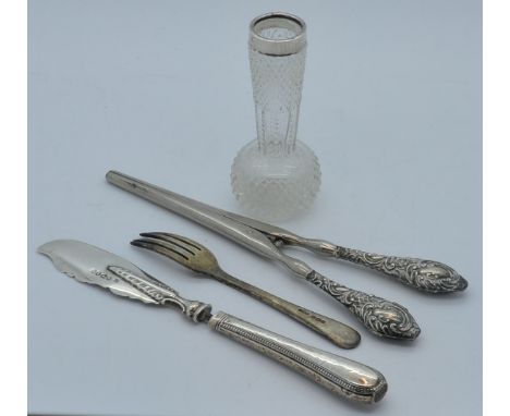 Silver butter knife, handled tongs, banded vase & small fork 