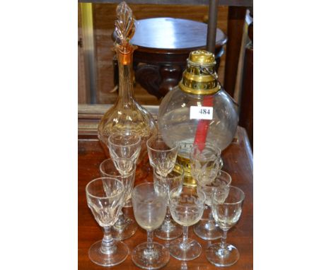 10 Various wine glasses, amber glass decanter + brass/glass hanging lantern 