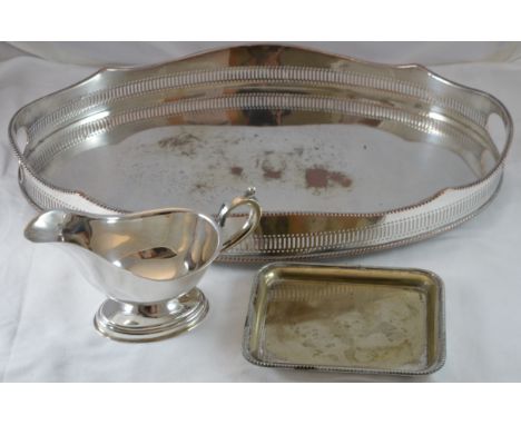 Silver plated gallery tray, small tray & sauce boat 