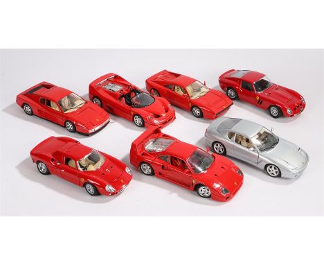 Seven Burago 1:18 scale model Ferraris to include 250 Le Mans (1965), 456GT (1992), GTO (1984), Testarossa (1984), F50 (1995)