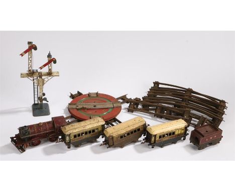 Hornby series O gauge model railway to include, LMS engine, three carriages, signal, turntable, quantity of track, AF (qty)