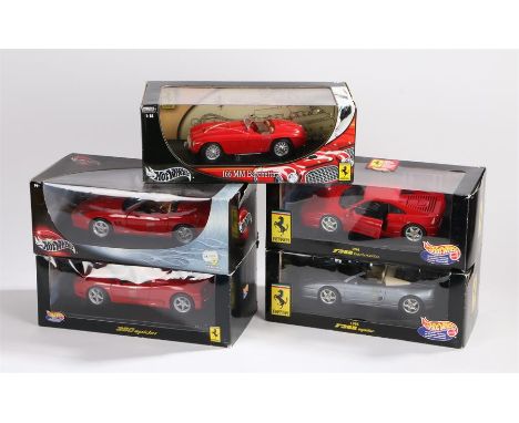 Five Hot Wheels 1:18 scale Ferrari models to include 166 MM Barchetta, 360 Spider, 550 Barchetta Pininfarina, 1995 F355 Spide