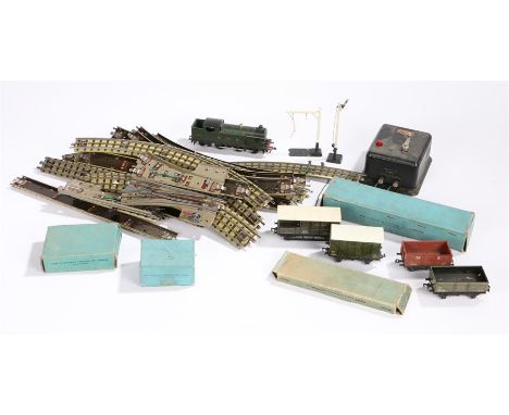 Hornby dublo railway set to include a GWR engine, rolling stock, track, controller, transformer and accessories (qty)