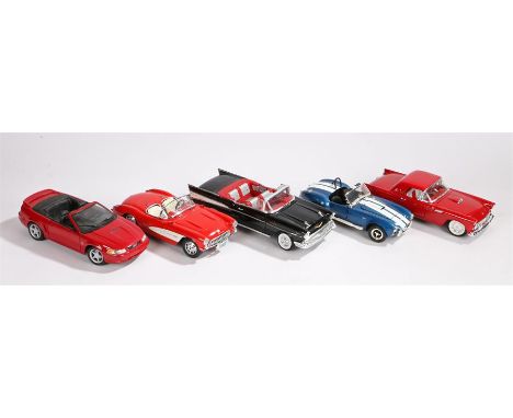 Five Burago, Maisto and other 1:18 scale model cars to include Ford Mustang GT (1999), Chevrolet Corvette (1957), Shelby Cobr