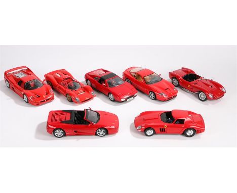 Seven Burago, Maisto and other 1:18 scale model Ferraris to include F50 (1995), 550 Maranello, 250 Testarossa (1957), F355, 3