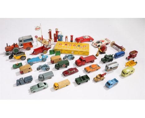 Dinky and other model cars, tractors, motorbikes and accessories to include Field Marshall tractor, Massey Ferguson manure sp