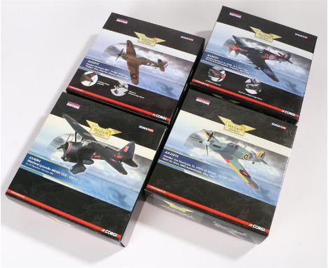 Four 1/72 scale Corgi Aviation Archive die-cast model fighter planes comprising of Hawker Sea Hurricane 1b Z7015 (G-BKTH)- No