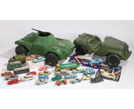 Collection of Dinky, Matchbox and other toy cars, tractors, military vehicles etc. two large green plastic military vehicles 