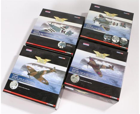 Four 1/72 scale Corgi Aviation Archive die-cast model fighter planes comprising of Spitfire Mk I- K9789, Spitfire Mk II- P735