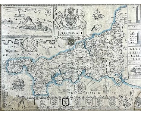 John Speed, Cornwall, 'Described by the travills of John Norden', 'augmented and published by J. Speed,' copper engraved map,