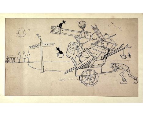 An original sketch attributed to W. Heath-Robinson. 'Mr Charles Lee migrates to Letchworth,' Ink on paper with graphite visib